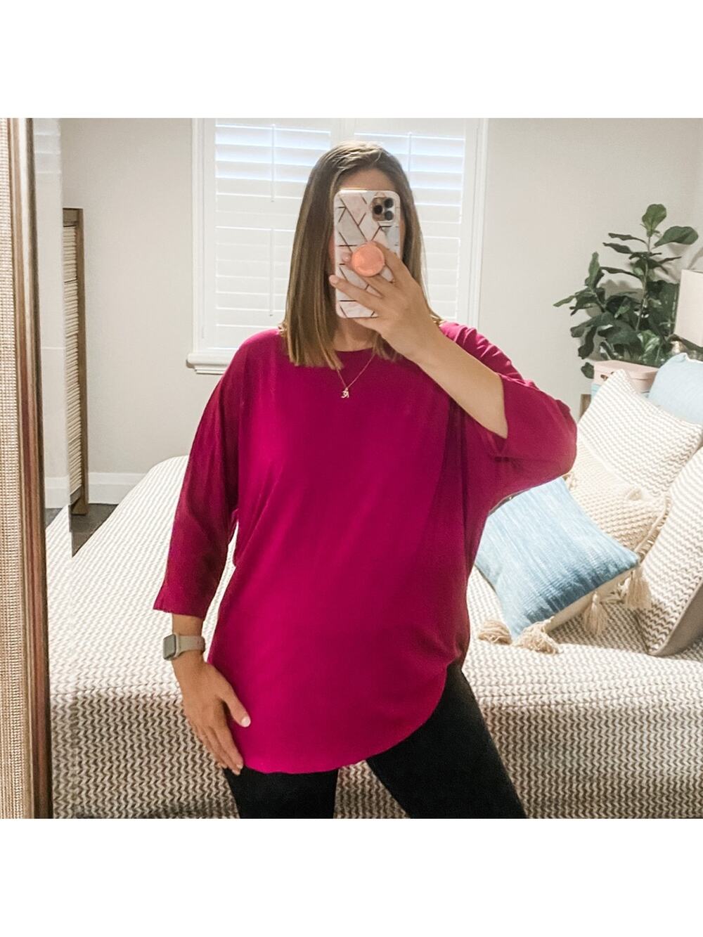 Eileen Fisher Magenta Fuchsia Purple 3/4 Sleeve Oversized Blouse Shirt Top Small